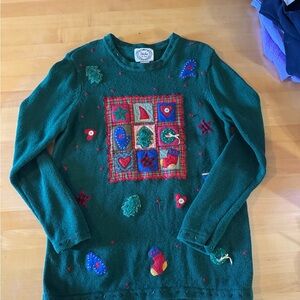 Vintage Green Holiday Sweater with Festive Patchwork